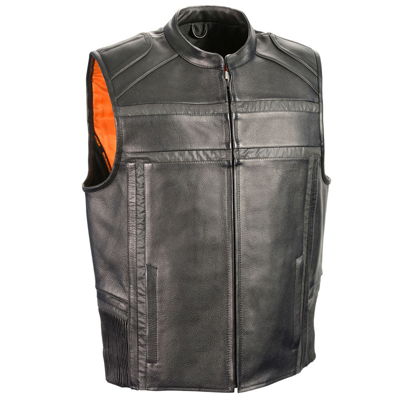 Reflective Band & Piping Zip Front Leather Vest