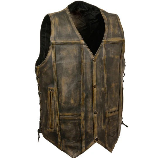 Brown Distressed 10-Pocket Leather Vest - Premium Quality Multi-Pocket Leather Vest Avanzar Leather