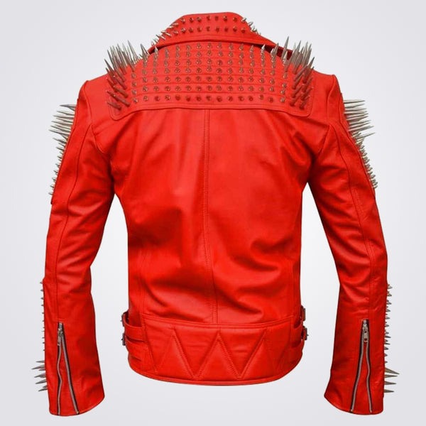 Men’s Red Studded Biker Leather Fashion Jacket