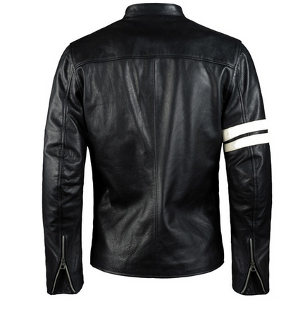 Men’s Black Leather Biker Jacket With White Stripes