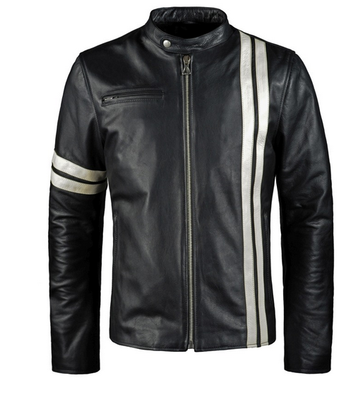 Men’s Black Leather Biker Jacket With White Stripes