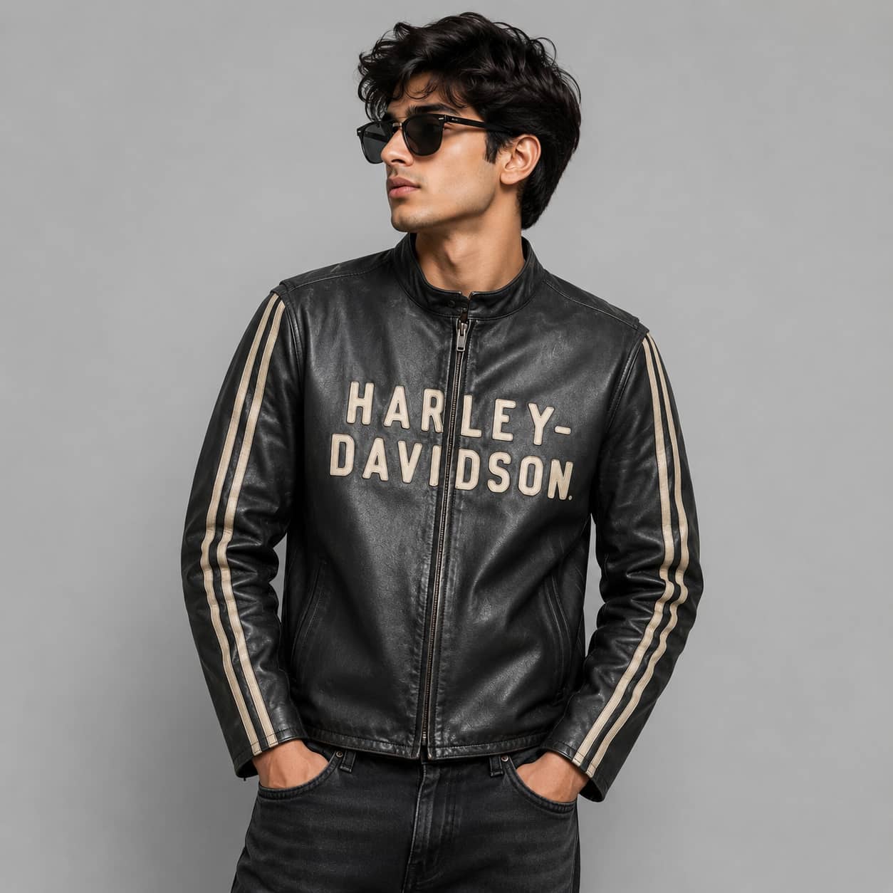 Harley Davidson Black Sleeve Stripe Cowhide Leather Biker Jacket for Men
