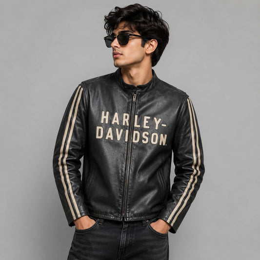 Harley Davidson Black Sleeve Stripe Cowhide Leather Biker Jacket for Men