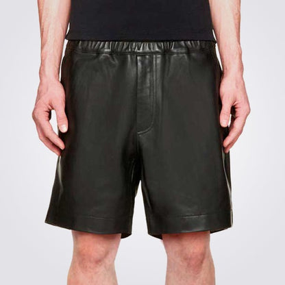 Men's Black Leather Shorts with Stretch Waist
