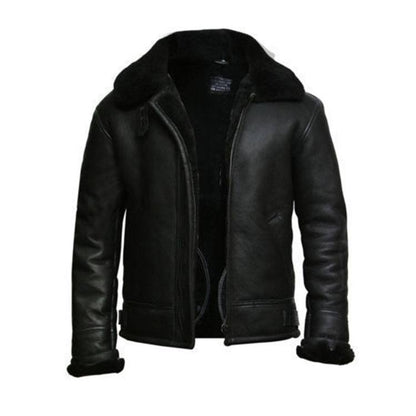 Men's Black Aviator Genuine Leather Jacket with Fur Collar