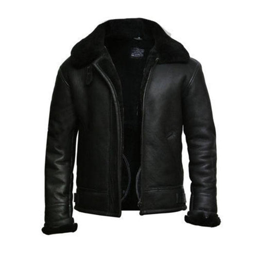 Men's Black Aviator Genuine Leather Jacket with Fur Collar