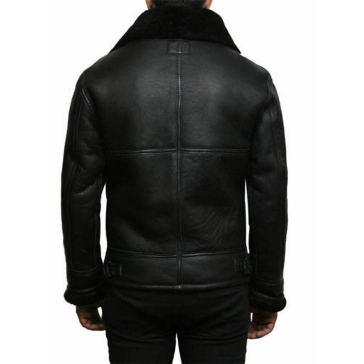 Men's Black Aviator Genuine Leather Jacket with Fur Collar