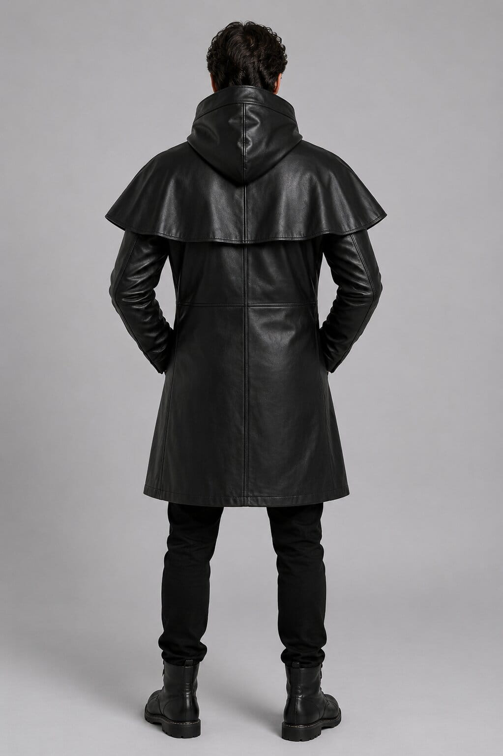 Back view of long black cape coat with dramatic silhouette by avanzar leather.