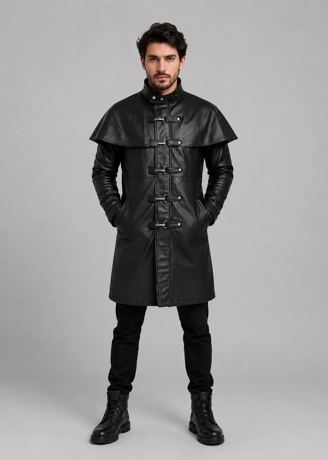Front view of Black Fisherman Trench Cape Coat with matching hat by avanzar leather.