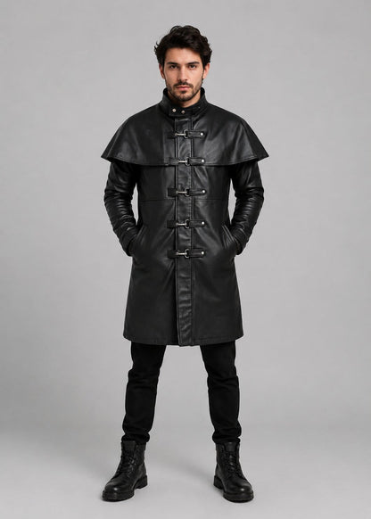 Front view of Black Fisherman Trench Cape Coat with matching hat by avanzar leather.