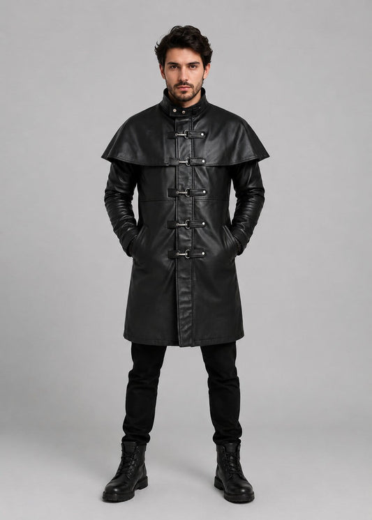 Front view of Black Fisherman Trench Cape Coat with matching hat by avanzar leather.