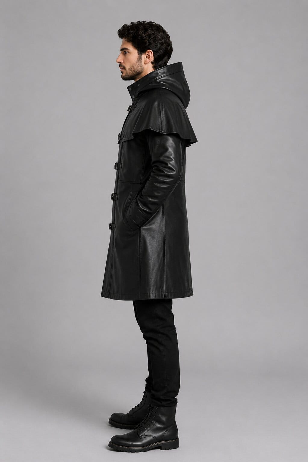 Side profile of Black Fisherman gothic trench cape costume by avanzar leather.