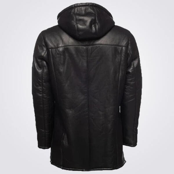 Black Hooded Shearling Coat For Men