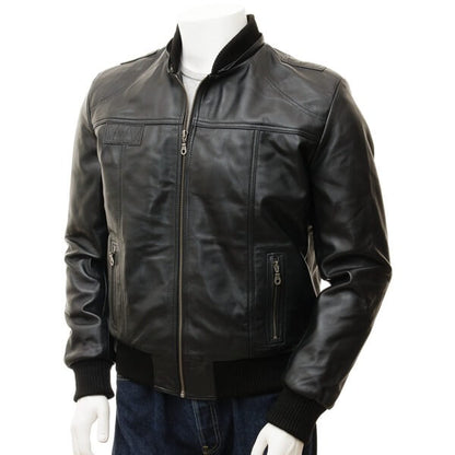 Black Hoodie Bomber Style Leather Jacket