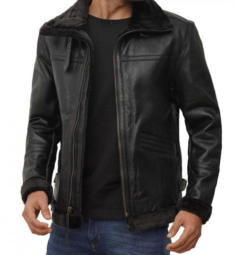 Black Leather B3 Bomber Jacket Mens