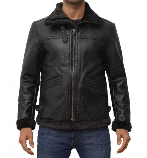 Black Leather B3 Bomber Jacket Mens