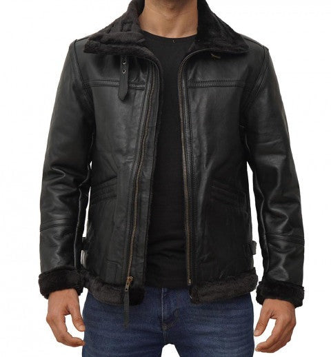 Black Leather B3 Bomber Jacket Mens