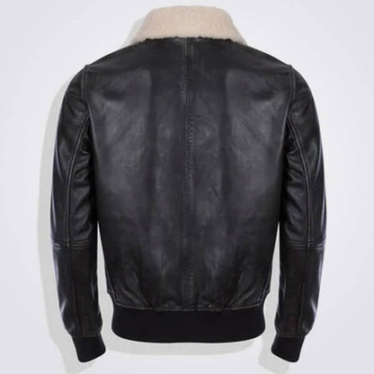 Black Leather Bomber Jacket with Detachable Fur Collar