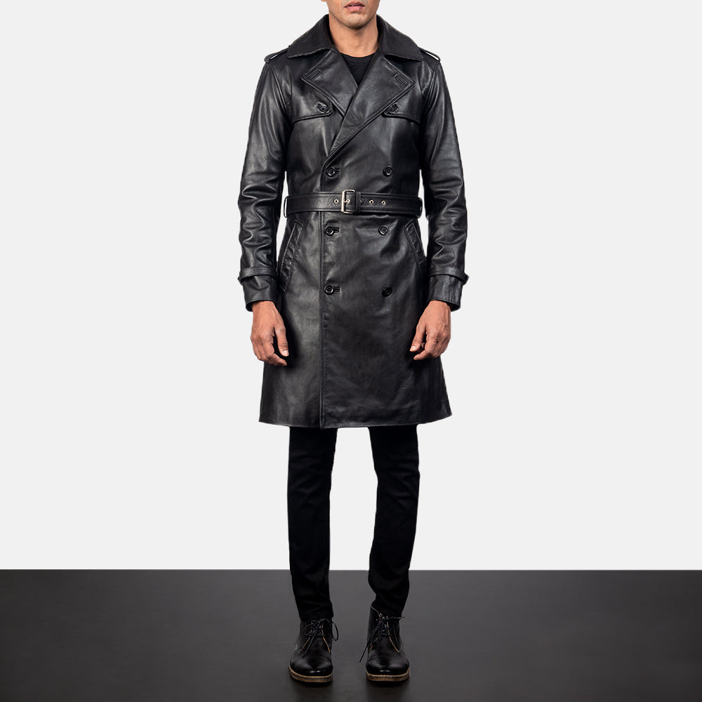 Men’s Black Sheepskin Leather Duster Belted Coat