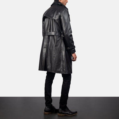 Men’s Black Sheepskin Leather Duster Belted Coat