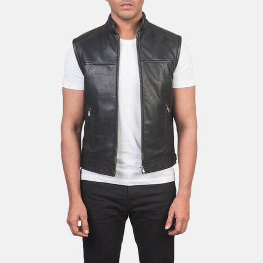 Black Leather Motorcycle Vest For Men