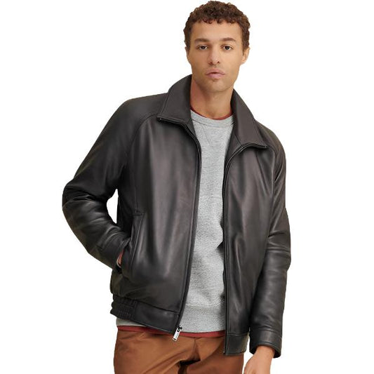 Men’s Black Lined Leather Bomber Jacket