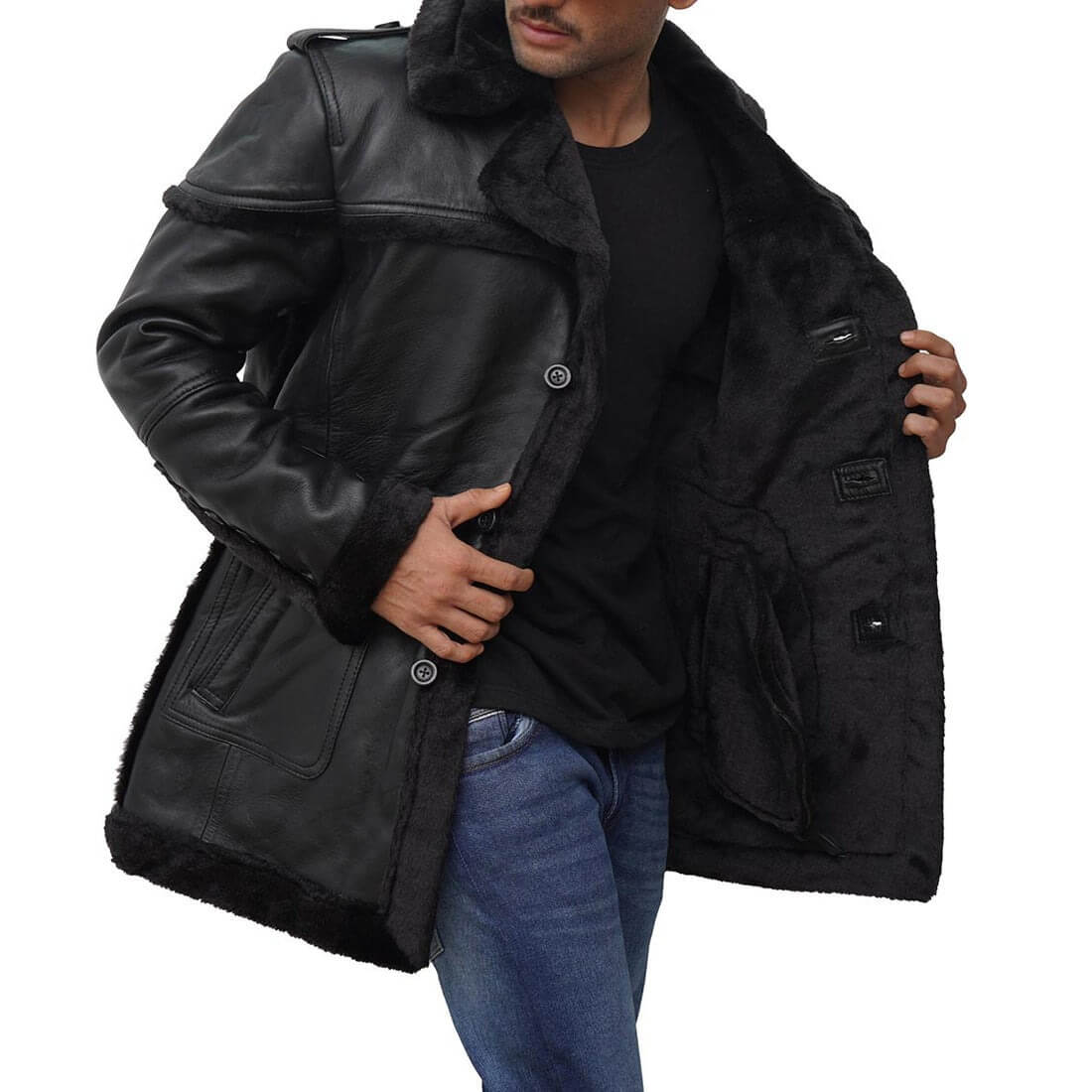 Black Long Shearling Coat Mens