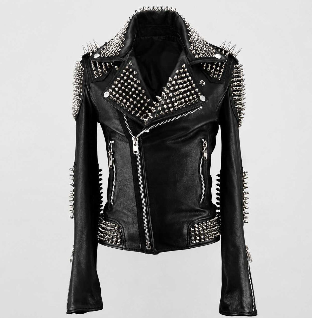 Black Punk Studded Leather Jacket - Handmade front view by avanzar leather