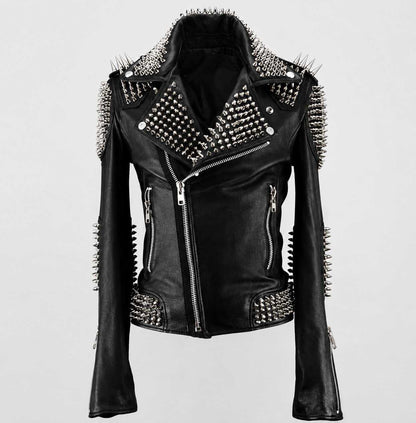 Black Punk Studded Leather Jacket - Handmade front view by avanzar leather