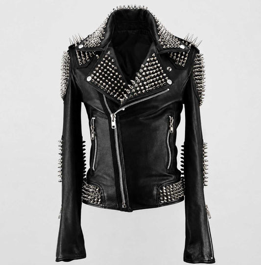 Black Punk Studded Leather Jacket - Handmade front view by avanzar leather