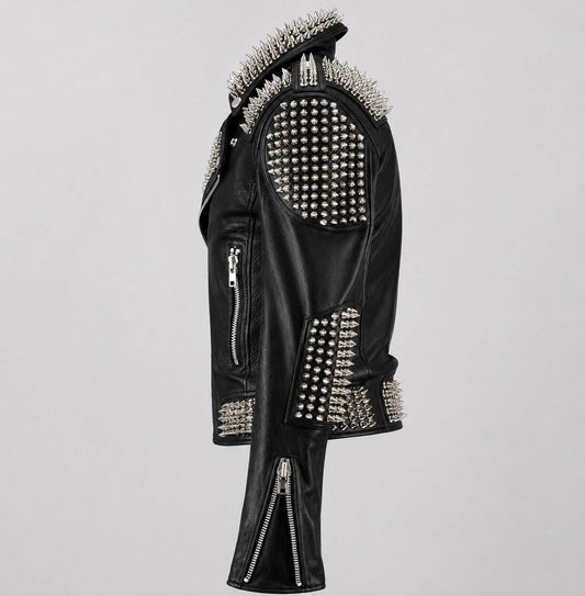 Black Punk Studded Leather Jacket - Handmade sid view by avanzar leather