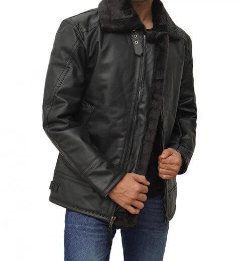 Black Shearling Lined Leather Jacket Mens