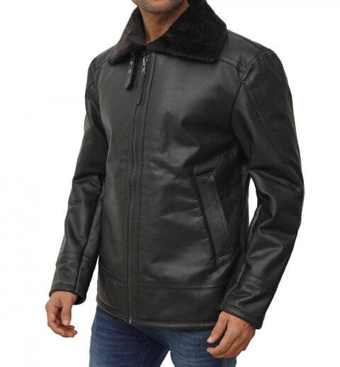 Black Shearling Lined Leather Jacket Mens