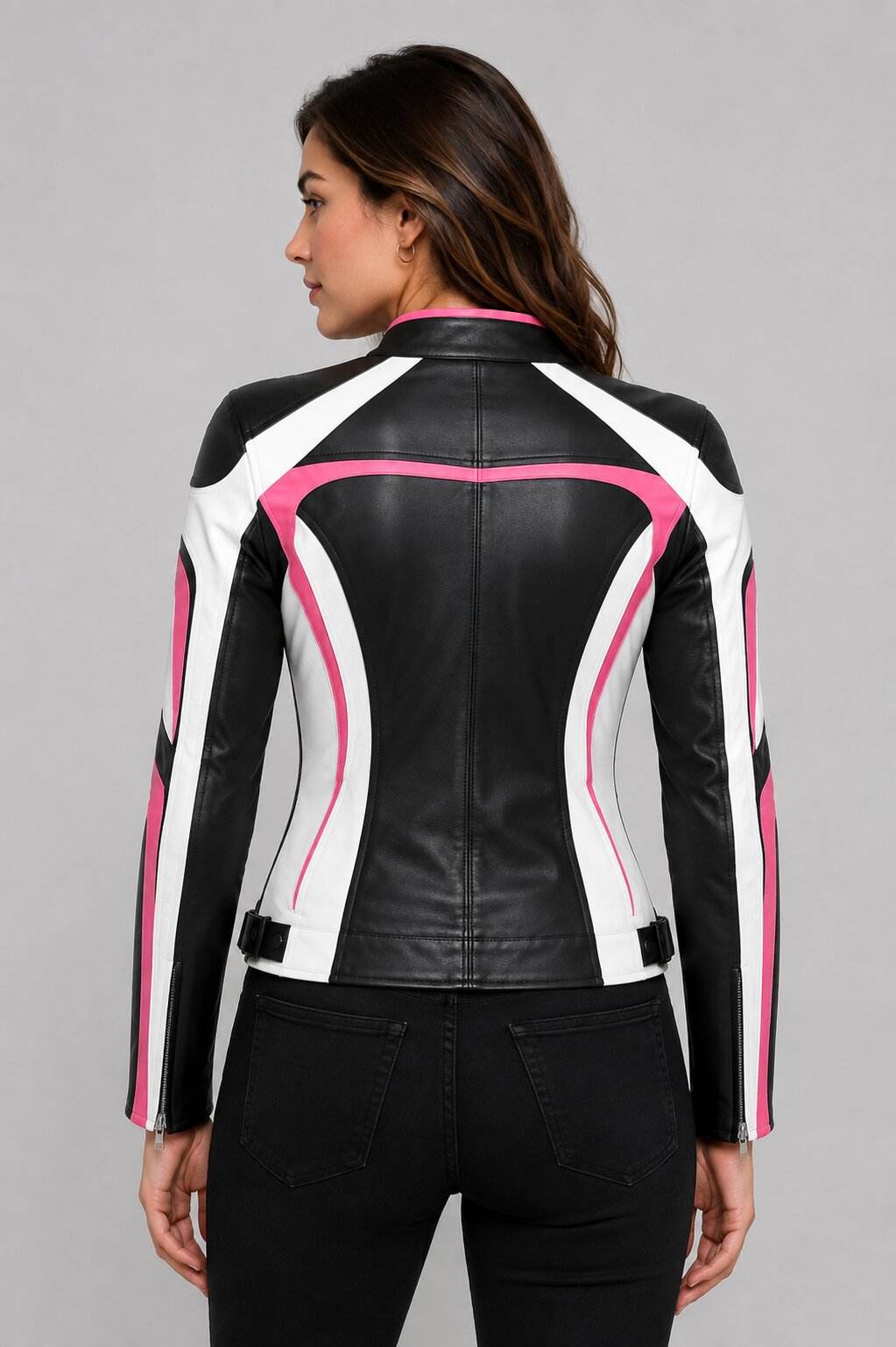 Black White & Pink Leather Motorcycle Jacket | Women's Biker Jacket back view by avanzar leather