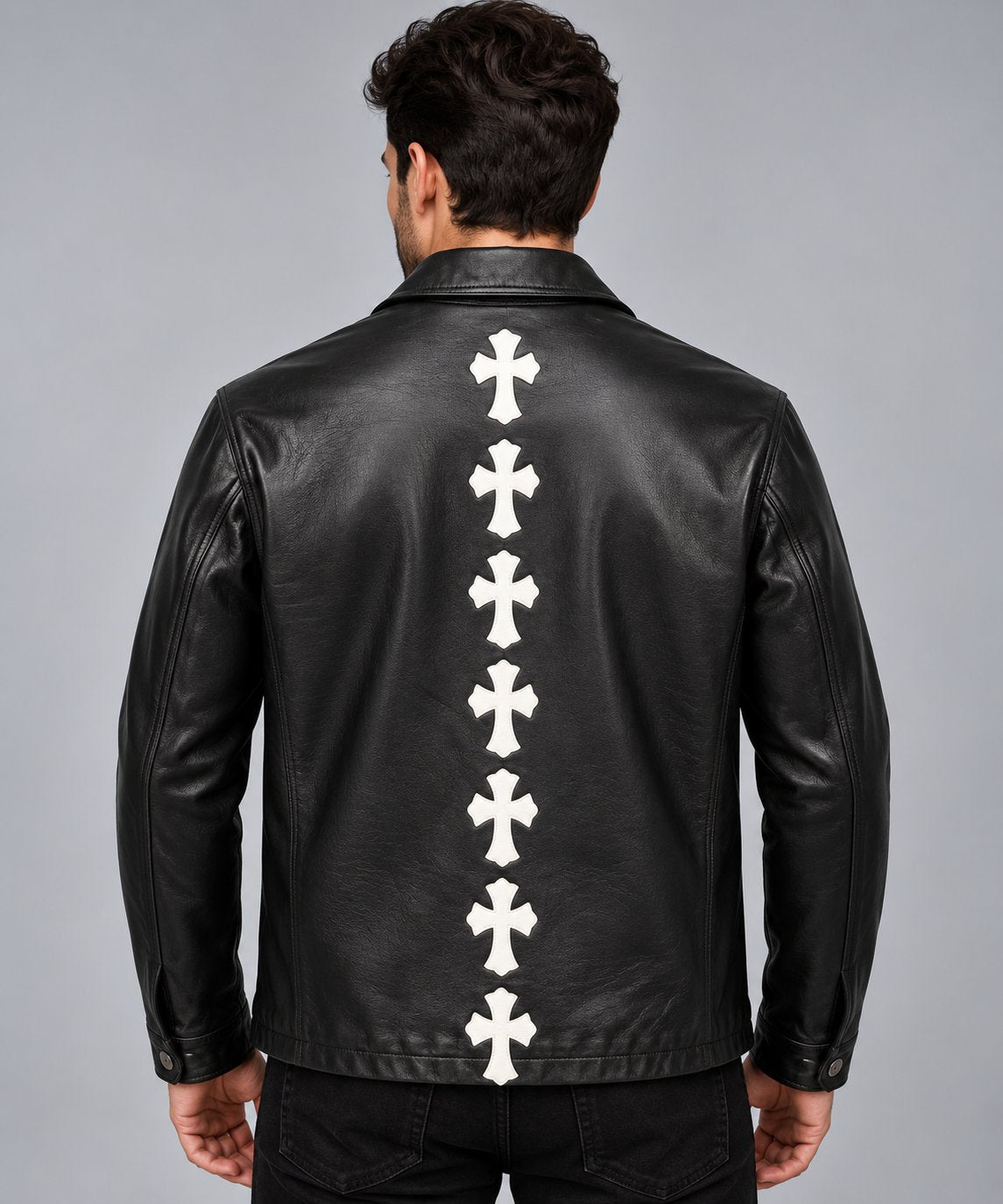 Black Genuine Cowhide Leather Cross Patch Gothic Biker Jacket back view by avanzar leather