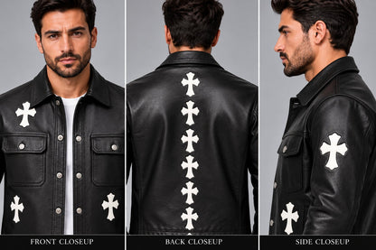 Black Genuine Cowhide Leather Cross Patch Gothic Biker Jacket closeup view by avanzar leather