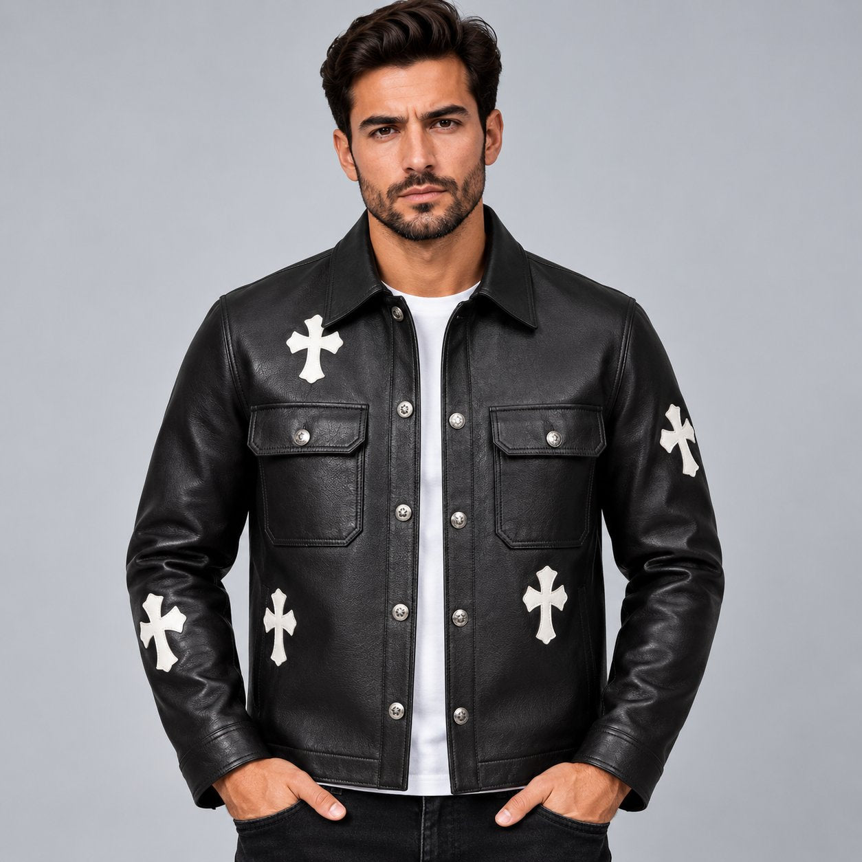 Black Genuine Cowhide Leather Cross Patch Gothic Biker Jacket front view by avanzar leather