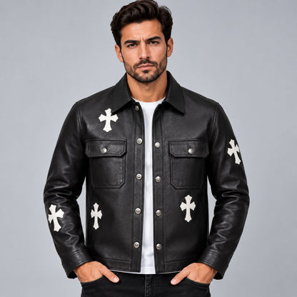 Black Genuine Cowhide Leather Cross Patch Gothic Biker Jacket front view by avanzar leather