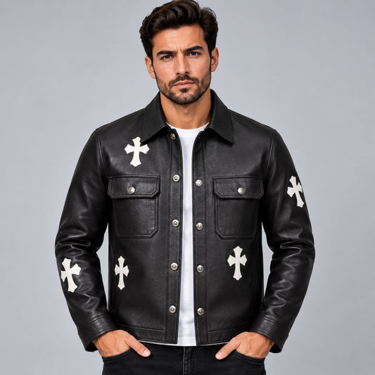 Black Genuine Cowhide Leather Cross Patch Gothic Biker Jacket front view by avanzar leather