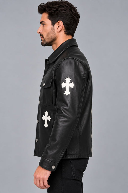 Black Genuine Cowhide Leather Cross Patch Gothic Biker Jacket sid view by avanzar leather