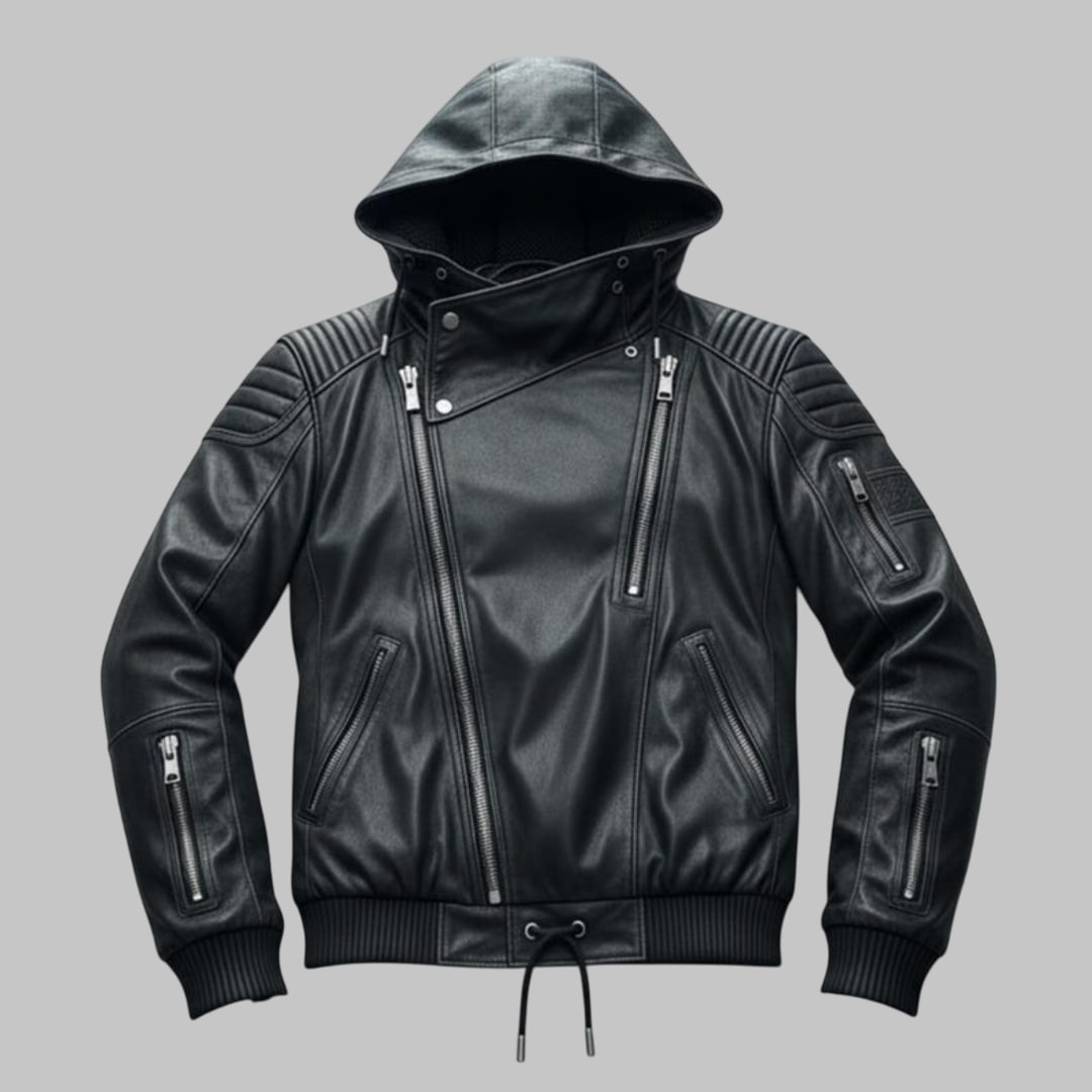 Black Leather Biker Hoodie Men Handmade Genuine Leather Jacket
