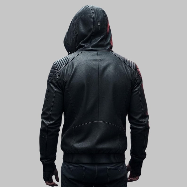 Black Leather Biker Hoodie Men Handmade Genuine Leather Jacket