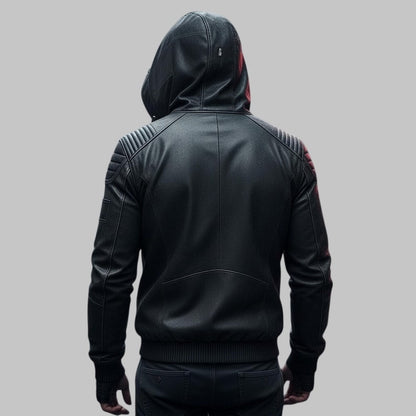 Black Leather Biker Hoodie Men Handmade Genuine Leather Jacket