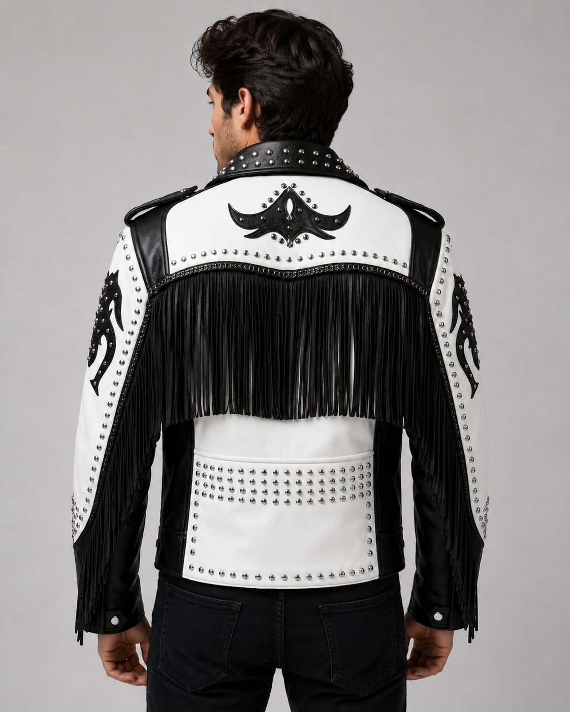 Black Punk Studded Leather Jacket – Handmade back view by avanzar leather