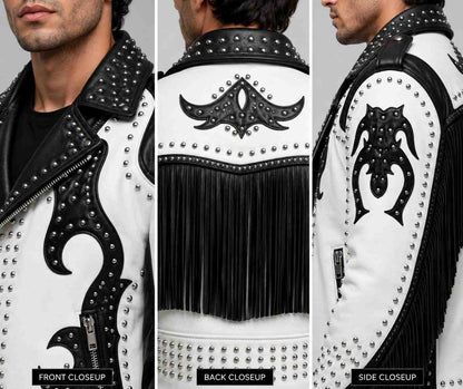 Black Punk Studded Leather Jacket – Handmade closeup view by avanzar leather