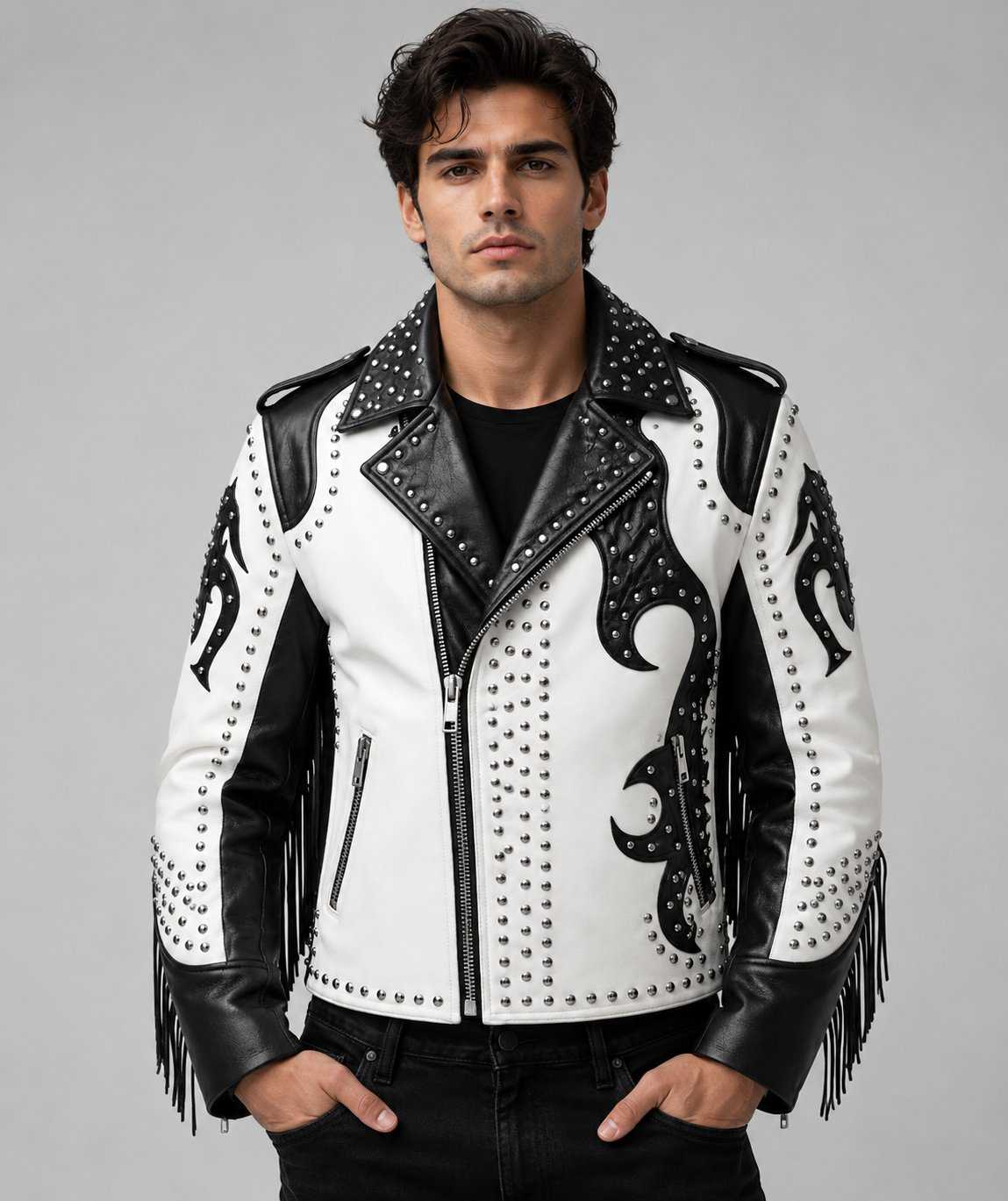 Black Punk Studded Leather Jacket – Handmade front view by avanzar leather