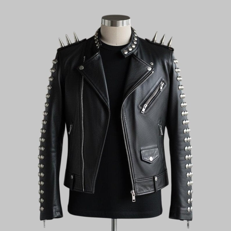 Black Spiked Leather Biker Jacket Silver Studded Moto