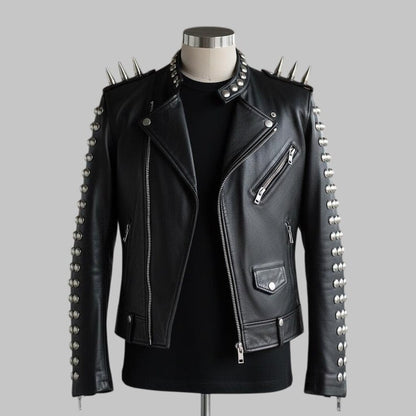 Black Spiked Leather Biker Jacket Silver Studded Moto