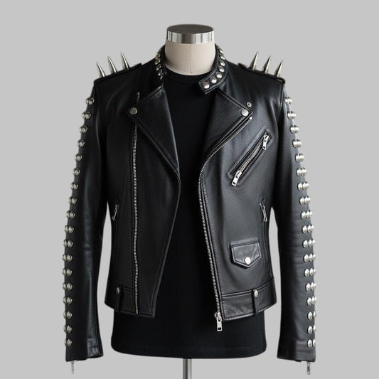 Black Spiked Leather Biker Jacket Silver Studded Moto