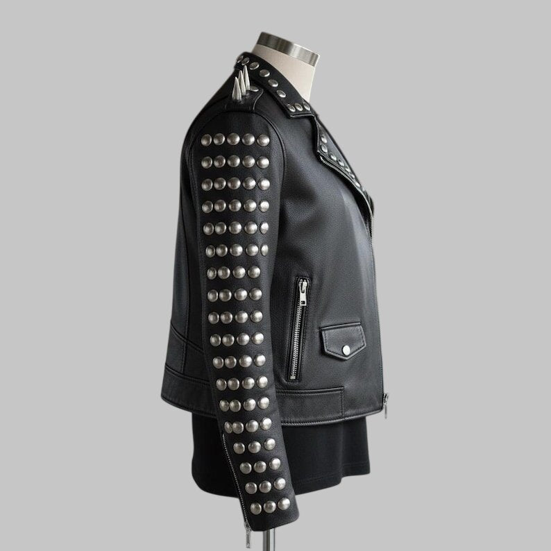 Black Spiked Leather Biker Jacket Silver Studded Moto